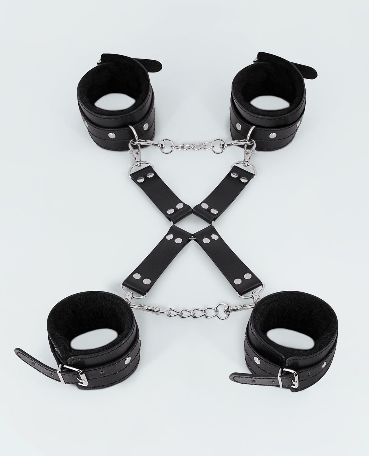 Lust PU Leather All 4's Fuzzy Cuff Set - Black Bondage Blindfolds & Restraints