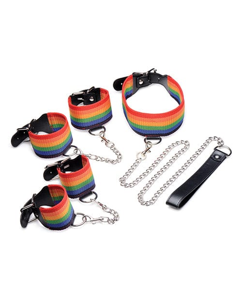 Master Series Kinky Pride Rainbow Bondage Set - Wrist & Ankle Cuffs & Collar w/Leash Bondage Blindfolds & Restraints