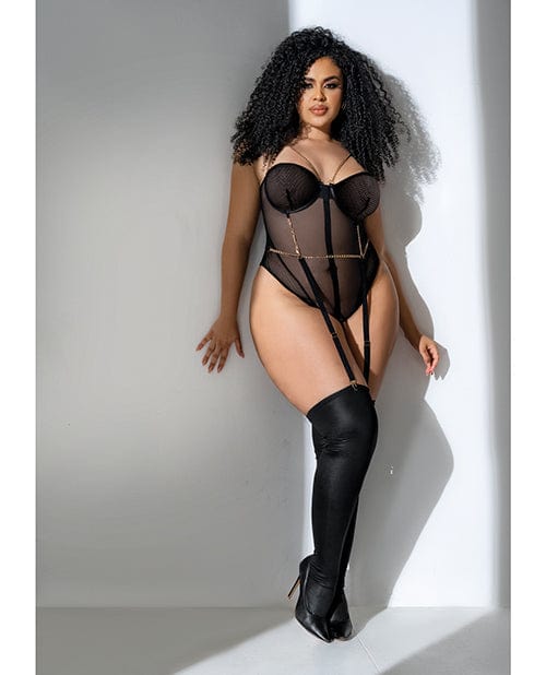 Mesh Bodysuit W/gold Chain Detail Black 1x/2x Lingerie - Plus/queen - Packaged