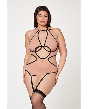 Mesh Cut Out Halter Teddy Qn Nude/Black Lingerie - Plus/queen - Packaged