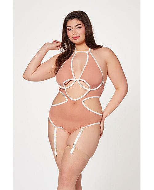 Mesh Cut Out Halter Teddy Qn Nude/White Lingerie - Plus/queen - Packaged