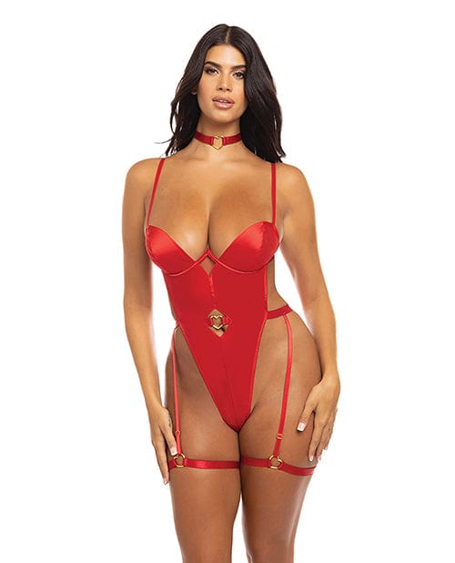 Mila Stretch Satin Padded Cup Teddy W/heart Ring Detail Red Large Lingerie