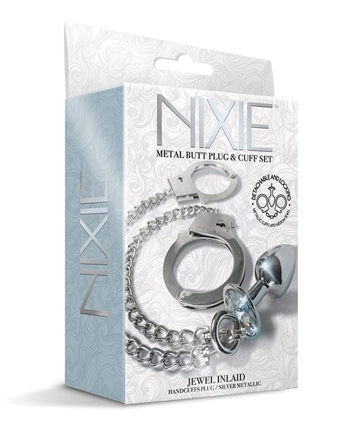 Nixie Metal Butt Plug w/Inlaid Jewel & Fur Cuff Set - Silver Metallic Bondage Blindfolds & Restraints