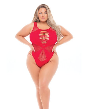 Pink Lipstick Highneck Bodysuit (fits Up To 3x) Qn Red Lingerie - Plus/queen - Packaged