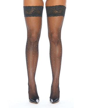 Rhinestone Thigh High W/silicone O/s Black Lingerie