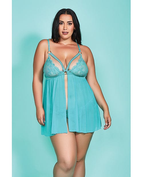 Riley Eyelash Lace Soft Cup Babydoll & Panty Teal 1x Lingerie - Plus/queen - Hanging