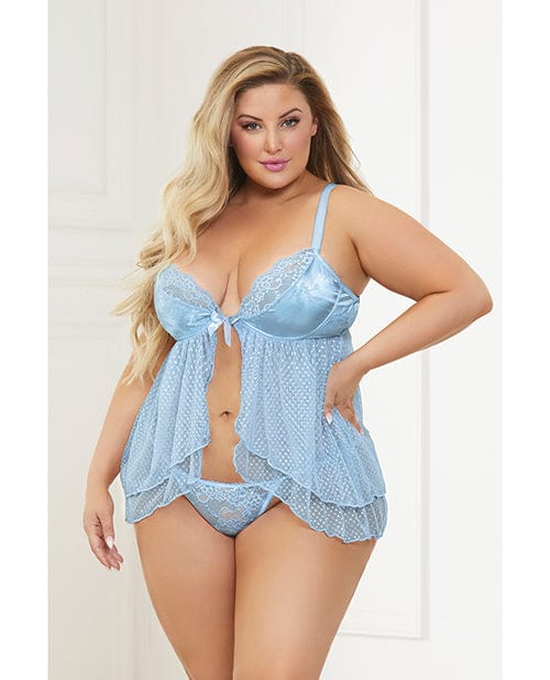 Satin Jacquard Dot Mesh Scallop Lace Babydoll & G-string Blue 1X/2X Lingerie - Plus/queen - Hanging