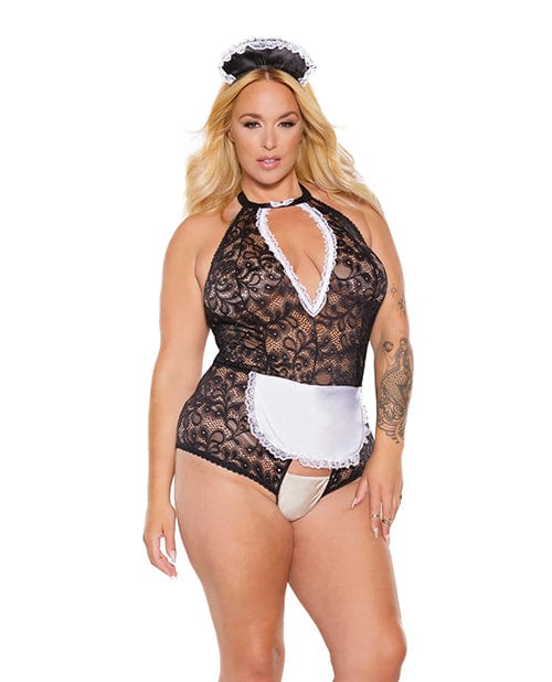 Scallop Stretch Lace Crotchless Maid Teddy w/Headpiece Black/White OS/XL Costumes