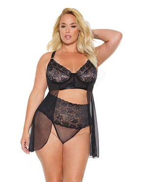 Scallop Stretch Lace & Sheer Mesh Babydoll & High Waist Thong Black 1x/2x Lingerie - Plus/queen - Hanging