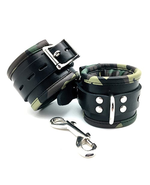 Sensual Sin Leather Padded Wrist Cuffs - Camo Piping Bondage Blindfolds & Restraints