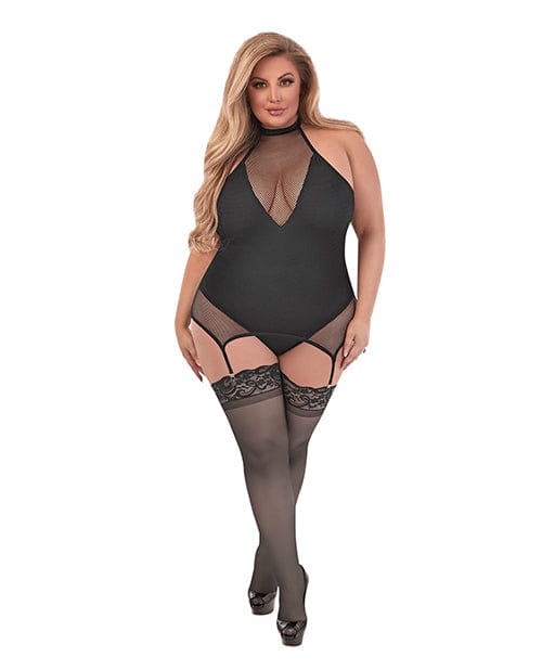 Sexy Time Fiona Halter Merry Widow Teddy w/Split Crotch Black QN Lingerie - Plus/queen - Packaged
