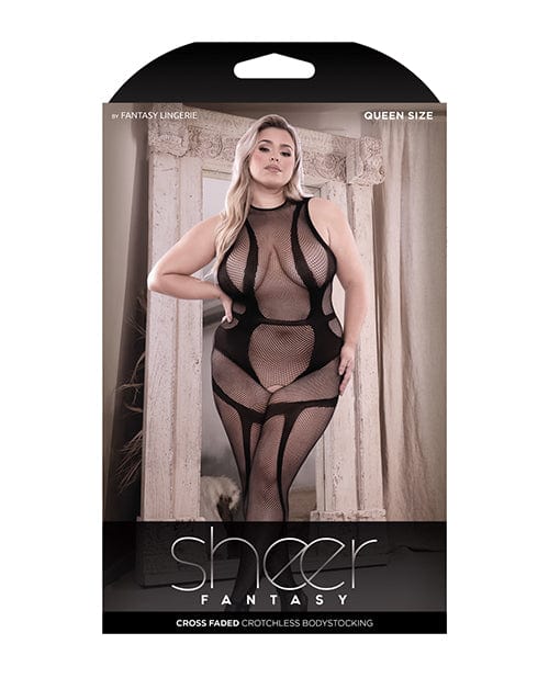 Sheer Cross Faded High Neck Crotchless Bodystocking Black QN Lingerie - Plus/queen - Packaged