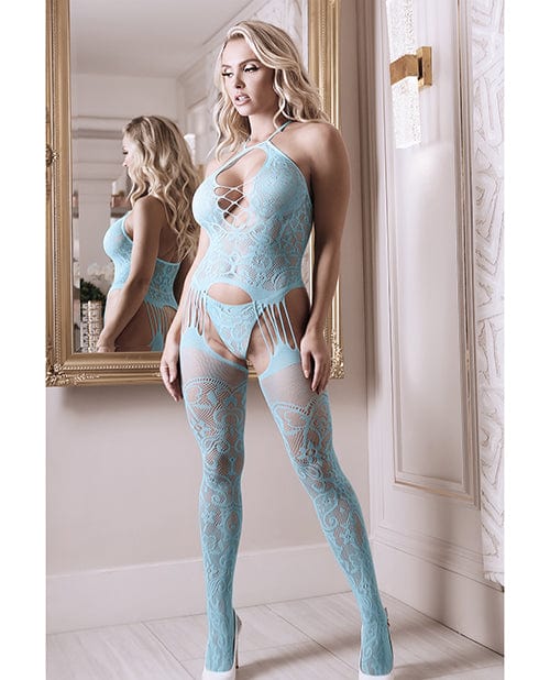 Sheer Fantasy Halter Neck Floral Lace Gartered Bodystocking & Panty Light Blue O/S Lingerie