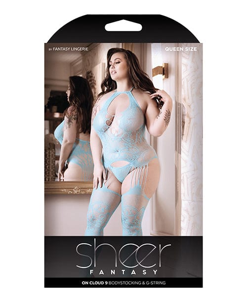 Sheer Fantasy Halter Neck Floral Lace Gartered Bodystocking & Panty Light Blue QN Lingerie - Plus/queen - Packaged
