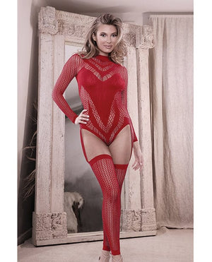 Sheer Infatuation Long Sleeve Teddy w/Attached Footless Stockings Red O/S Lingerie