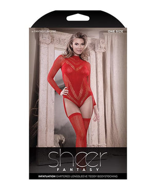 Sheer Infatuation Long Sleeve Teddy w/Attached Footless Stockings Red O/S Lingerie