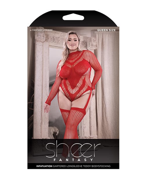 Sheer Infatuation Long Sleeve Teddy w/Attached Footless Stockings Red QN Lingerie - Plus/queen - Packaged