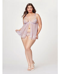 Sheer Mesh & Lace Demi Cup Babydoll & Thong Set - Lavender (Plus Size): Embrace Elegance and Allure