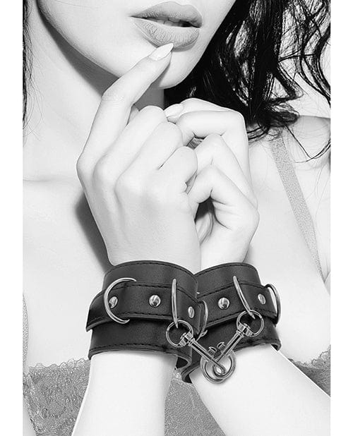 Shots Ouch Black & White Bonded Leather Hand/Ankle Cuffs - Black Bondage Blindfolds & Restraints