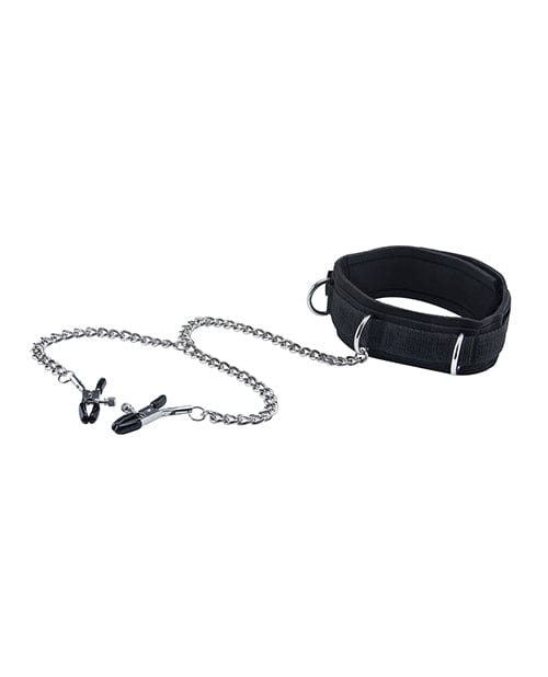 Shots Ouch Black & White Velcro Collar w/Nipple Clamps - Black Bondage Blindfolds & Restraints