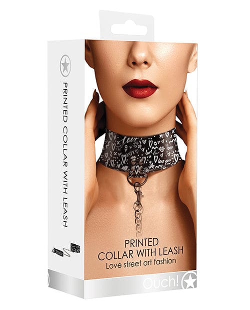 Shots Ouch Love Street Art Fashion Printed Collar w/Leash - Black Bondage Blindfolds & Restraints