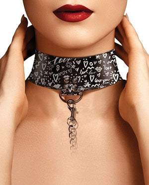 Shots Ouch Love Street Art Fashion Printed Collar w/Leash - Black Bondage Blindfolds & Restraints