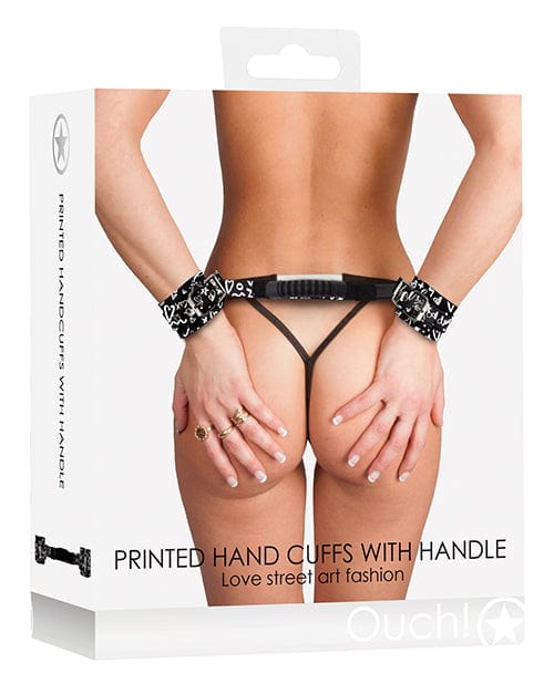 Shots Ouch Love Street Art Fashion Printed Hand Cuffs w/Handle - Black Bondage Blindfolds & Restraints