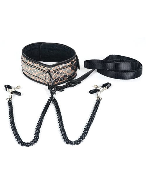 Spartacus Faux Leather Collar & Leash W/black Nipple Clamps Gold Bondage Blindfolds & Restraints