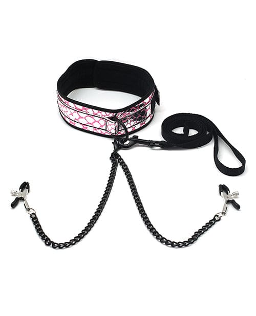 Spartacus Faux Leather Collar & Leash W/black Nipple Clamps Pink Bondage Blindfolds & Restraints