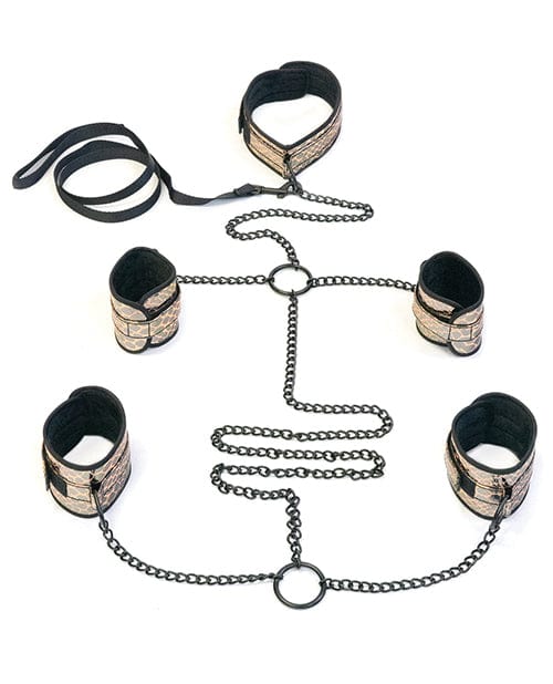 Spartacus Faux Leather Collar To Wrist & Ankle Restraints Bondage Kit W/leash Gold Bondage Blindfolds & Restraints