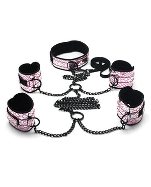 Spartacus Faux Leather Collar To Wrist & Ankle Restraints Bondage Kit W/leash Pink Bondage Blindfolds & Restraints