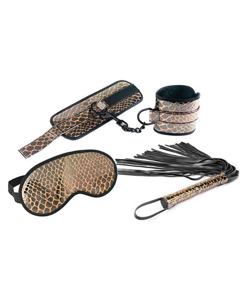 Spartacus Faux Leather Wrist Restraints Blindfold & Flogger Bondage Kit - Gold Bondage Blindfolds & Restraints