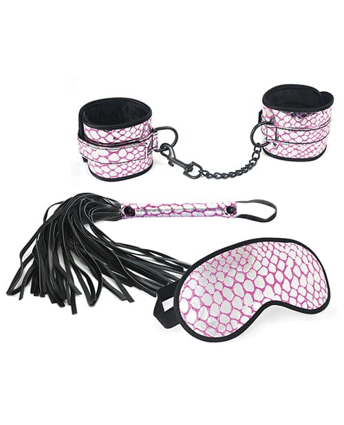 Spartacus Faux Leather Wrist Restraints Blindfold & Flogger Bondage Kit - Pink Bondage Blindfolds & Restraints