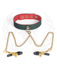 Spartacus PU Collar with Nipple Clamps - Green: Elegant Bondage with Bold Color and Gold Accents