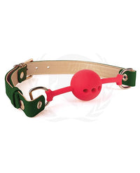 Spartacus Silicone Ball Gag with Green & Gold PU Straps - 46mm: Elegant Design Meets Comfort for Sensory Play