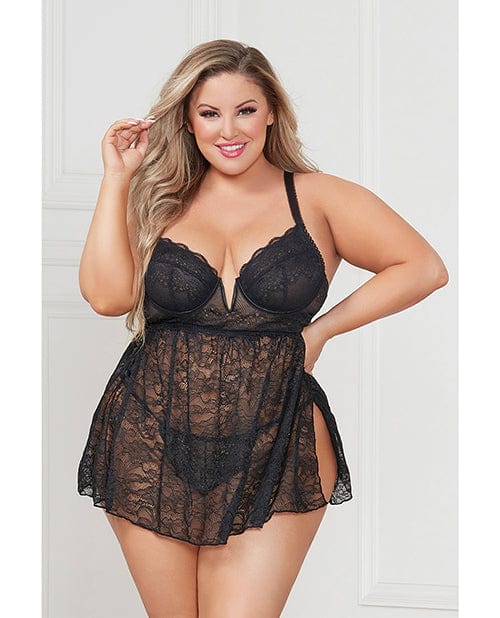 Stretch Lace Babydoll W/underwire Cups & G-string Black 1x/2x Lingerie - Plus/queen - Hanging