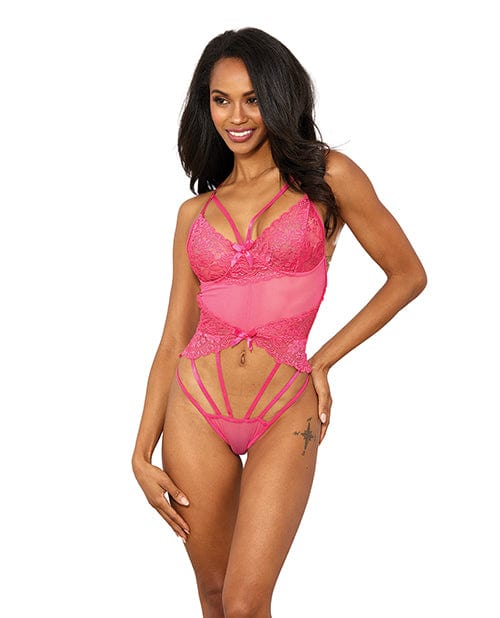 Stretch Lace w/Underwire Cups & Strap Thong Detail Teddy Hot Pink XXL Lingerie - Plus/queen - Hanging