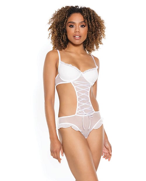 Stretch Mesh Ruffled Crotchless Teddy White Large Lingerie