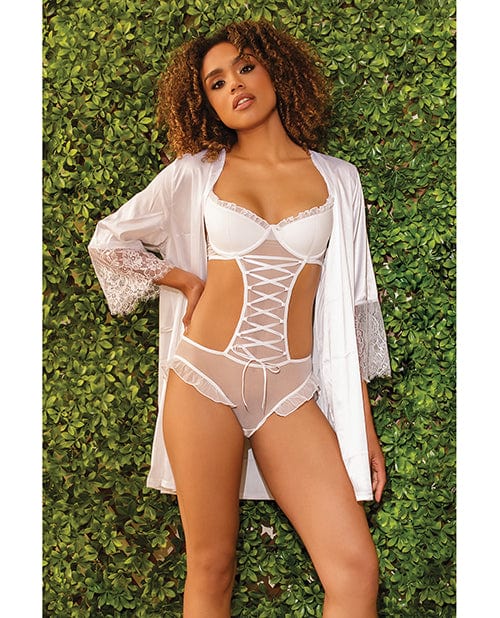 Stretch Mesh Ruffled Crotchless Teddy White Lingerie