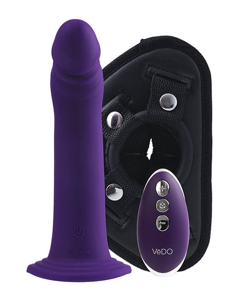VeDO Diki Rechargeable Vibrating Dildo w/Harness - Deep Purple Strap Ons
