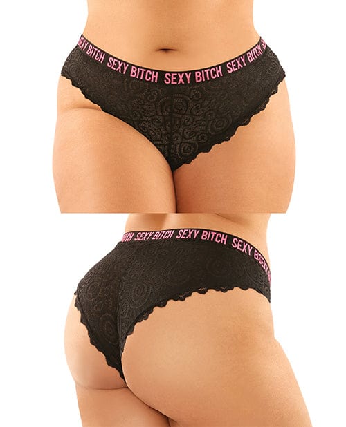 Vibes Buddy Sexy Bitch Lace Panty & Micro Thong Black/PNK QN Lingerie - Plus/queen - Packaged